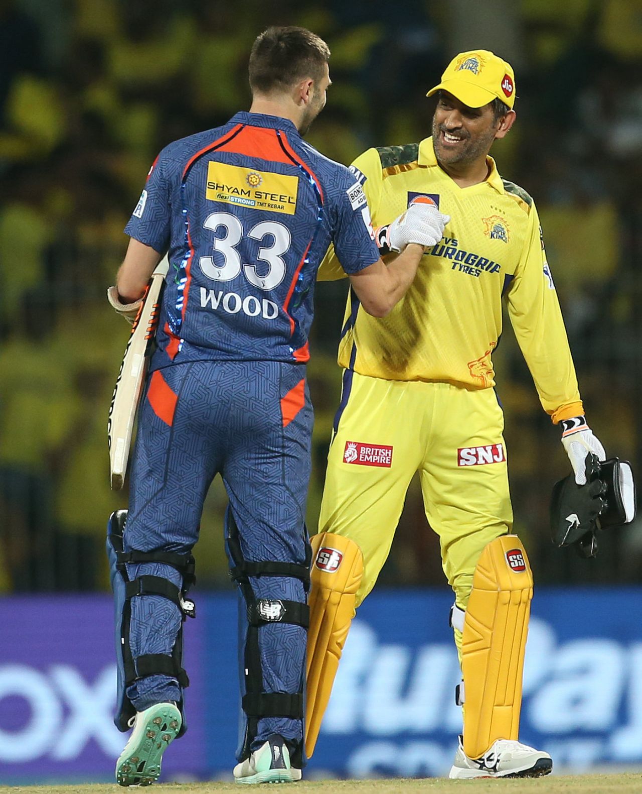 MS Dhoni has a laugh with Mark Wood after the game, Chennai Super Kings vs Lucknow Super Giants, IPL 2023, Chennai, April 3, 2023