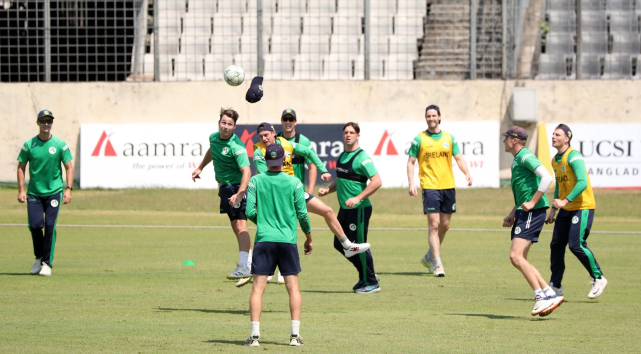 The Ireland players warm up with a game of football, Bangladesh vs Ireland, Only Test, Dhaka, April 3, 2023