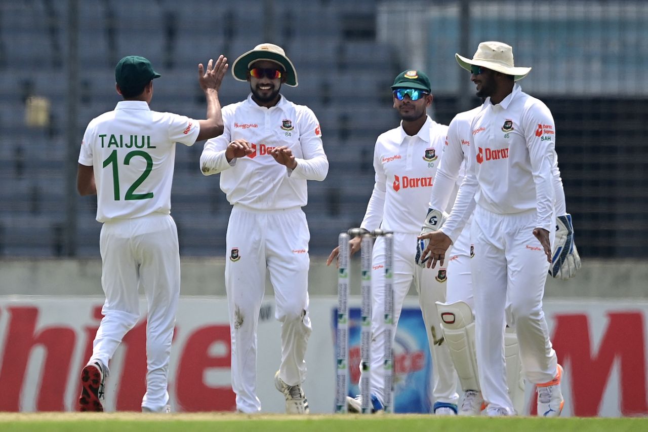 The Bangladesh players celebrate after the fall of James McCollum, Bangladesh vs Ireland, Only Test, Dhaka, 1st day, April 3, 2023