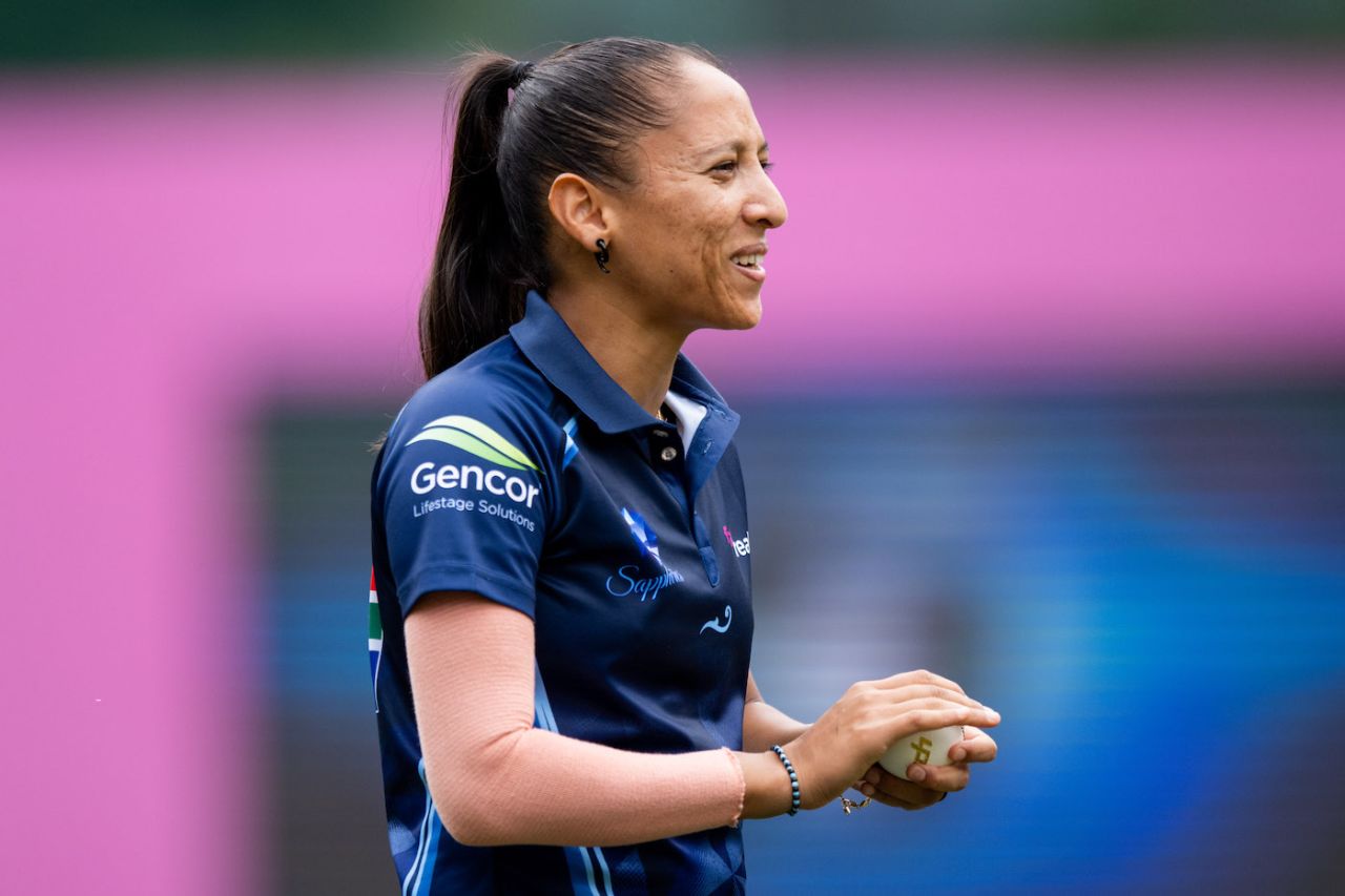 Shabnim Ismail went wicketless in her three overs, Sapphires vs Warriors, FairBreak Invitational Tournament 2023, Kowloon, April 4, 2023