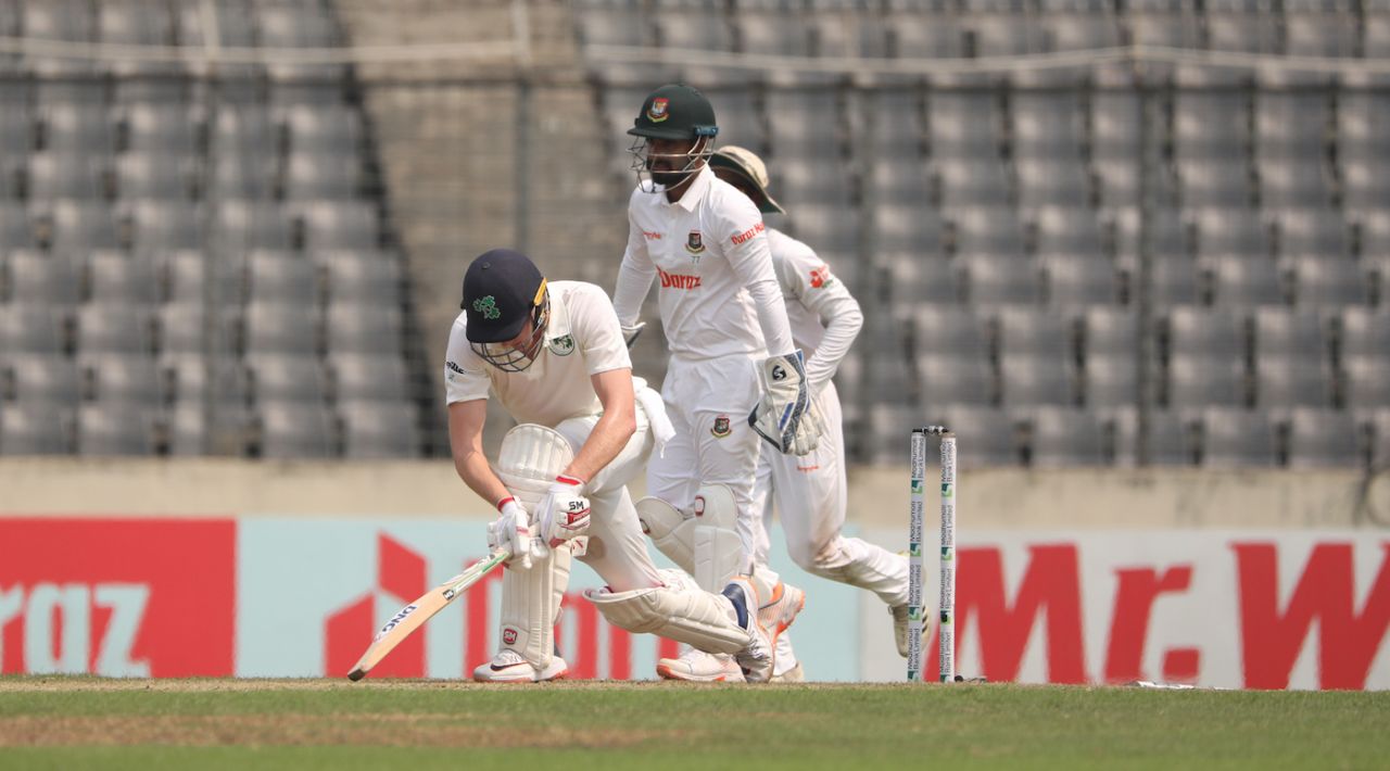 Harry Tector loses his stumps to Mehidy Hasan Miraz, Bangladesh vs Ireland, Only Test, 1st day, Dhaka, April 4, 2023