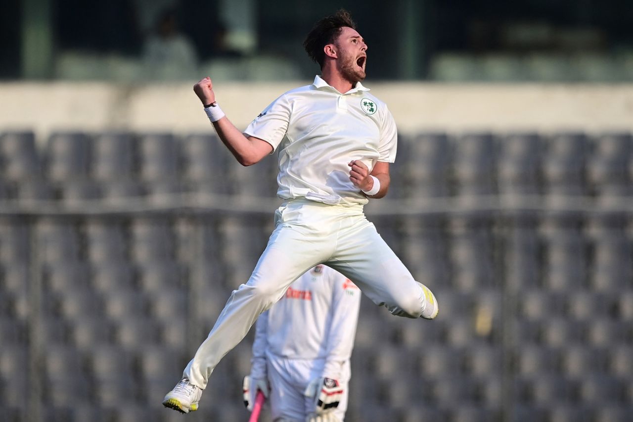 Mark Adair exults after dismissing Najmul Hossain Shanto, Bangladesh vs Ireland, Only Test, 1st day, Dhaka, April 4, 2023