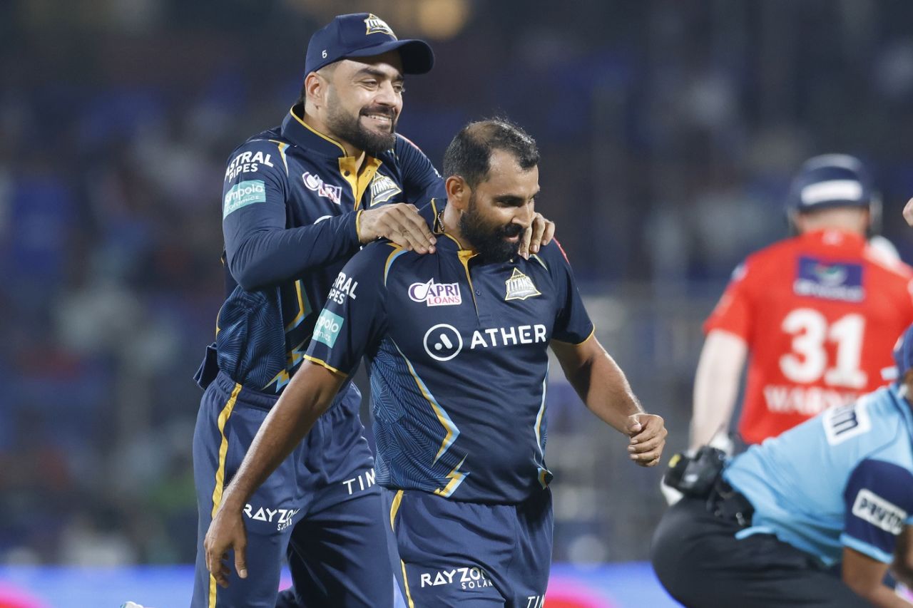 Rashid Khan and Mohammed Shami celebrate Prithvi Shaw's dismissal, Delhi Capitals vs Gujarat Titans, IPL 2023, Delhi, April 4, 2023