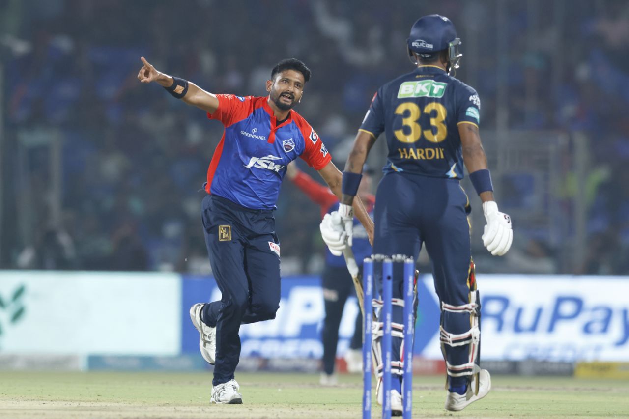 Khaleel Ahmed celebrates snagging Hardik Pandya, Delhi Capitals vs Gujarat Titans, IPL 2023, Delhi, April 4, 2023