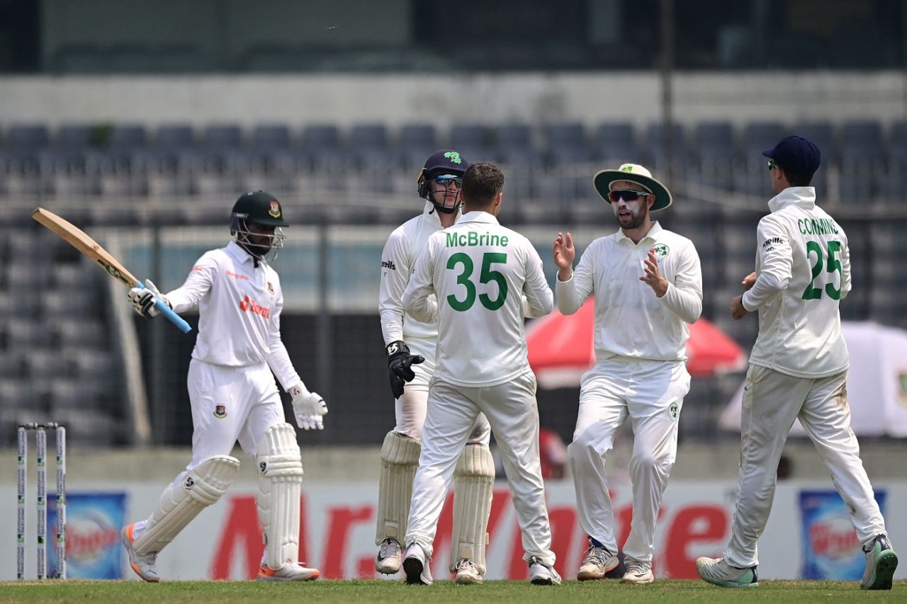 Andy McBrine celebrates with his team-mates as Shakib Al Hasan walks off, Bangladesh vs Ireland, Only Test, 2nd day, Dhaka, April 5, 2023
