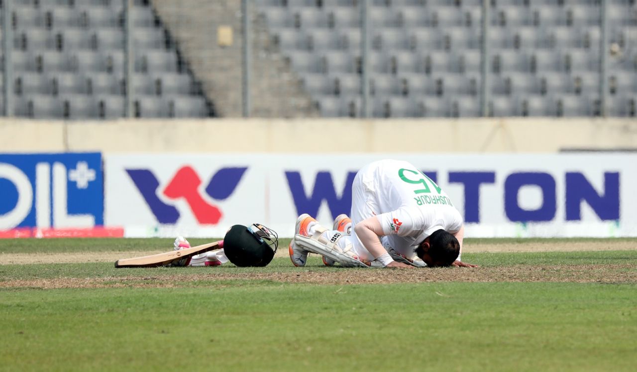 Mushfiqur Rahim celebrates his century with a prayer, Bangladesh vs Ireland, Only Test, 2nd day, Dhaka, April 5, 2023