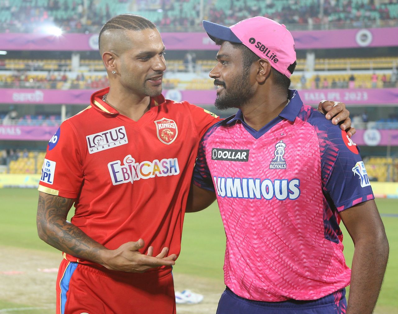Shikhar Dhawan and Sanju Samson catch up at the toss, Rajasthan Royals vs Punjab Kings, IPL 2023, Guwahati, April 5, 2023