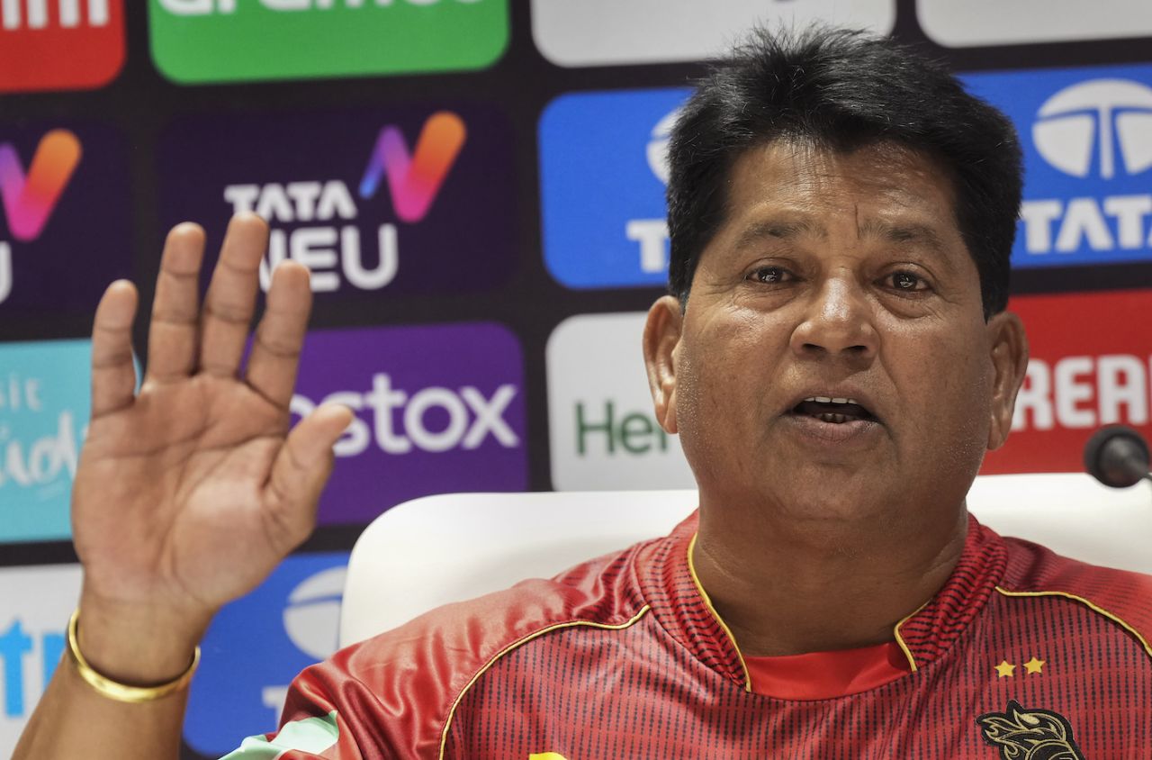 Knight Riders coach Chandrakant Pandit speaks at a press conference, Kolkata, April 5, 2023