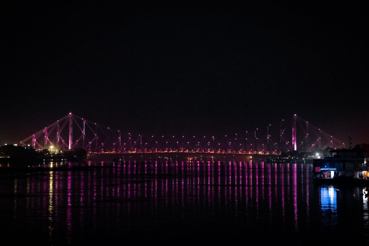 The Howrah Bridge goes purple to welcome Kolkata Knight Riders back to their home base, Kolkata, April 5, 2023