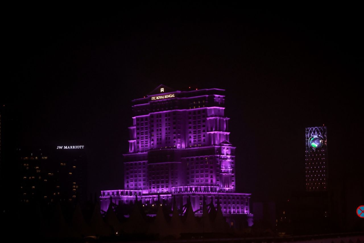 A Kolkata hotel lights up in purple on the eve of Kolkata Knight Riders' first game in the city, Kolkata, April 5, 2023