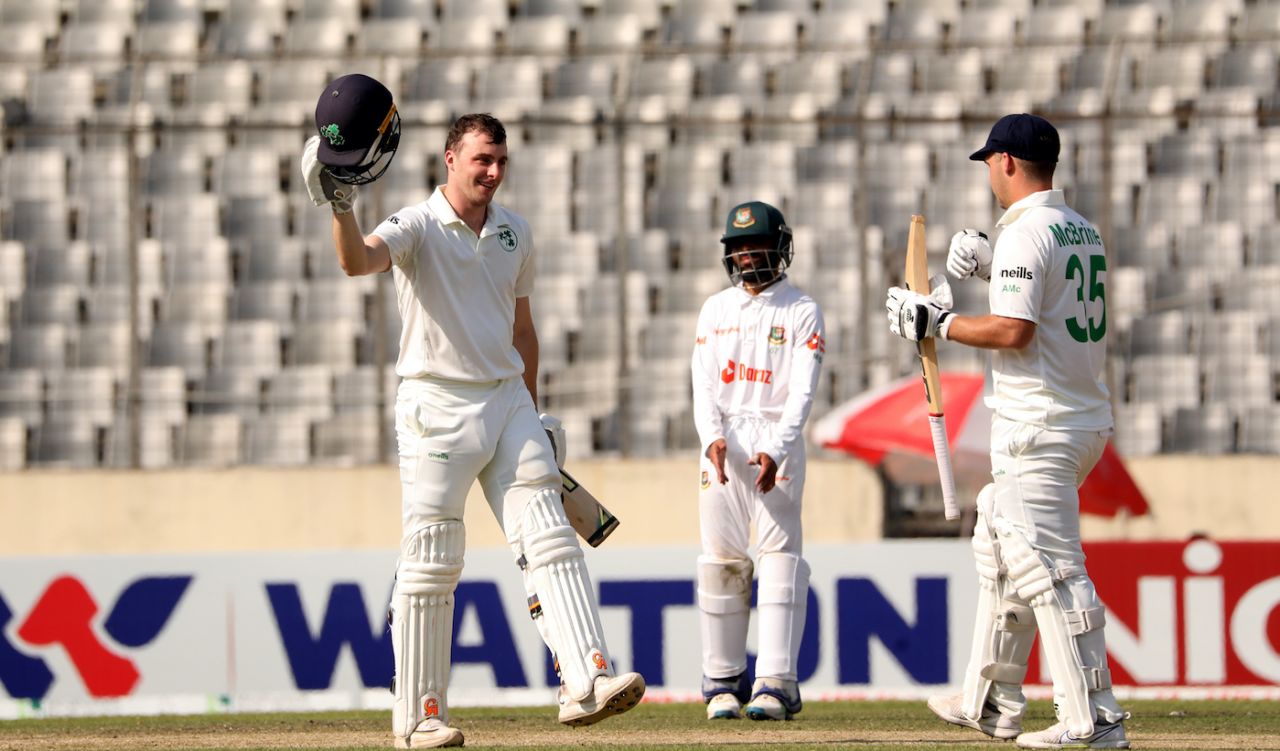 Lorcan Tucker celebrates his ton with Andy McBrine, Bangladesh vs Ireland, Only Test, 3rd day, Dhaka, April 6, 2023