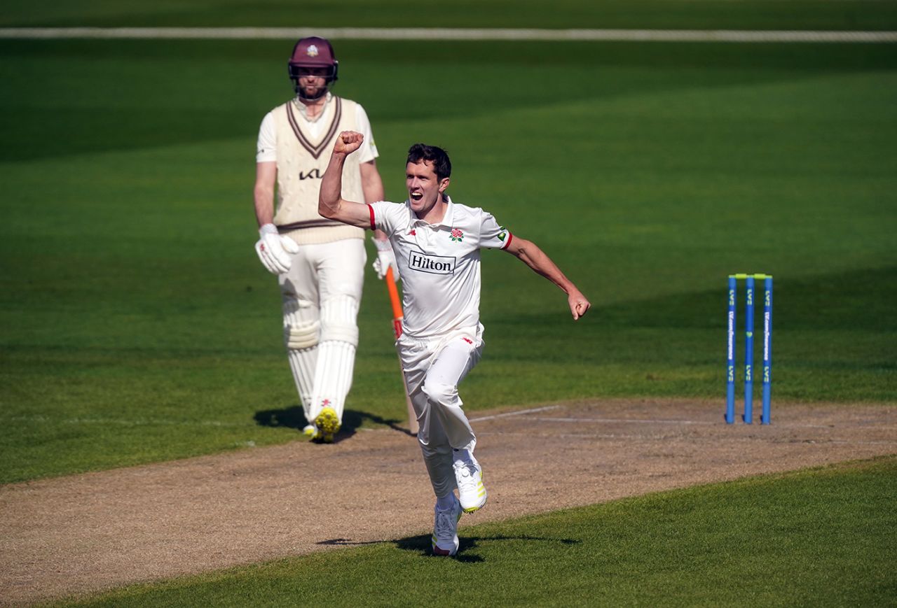 Will Williams claimed the first wicket of the season, Lancashire vs Surrey, County Championship, Division One, Old Trafford, April 6, 2023