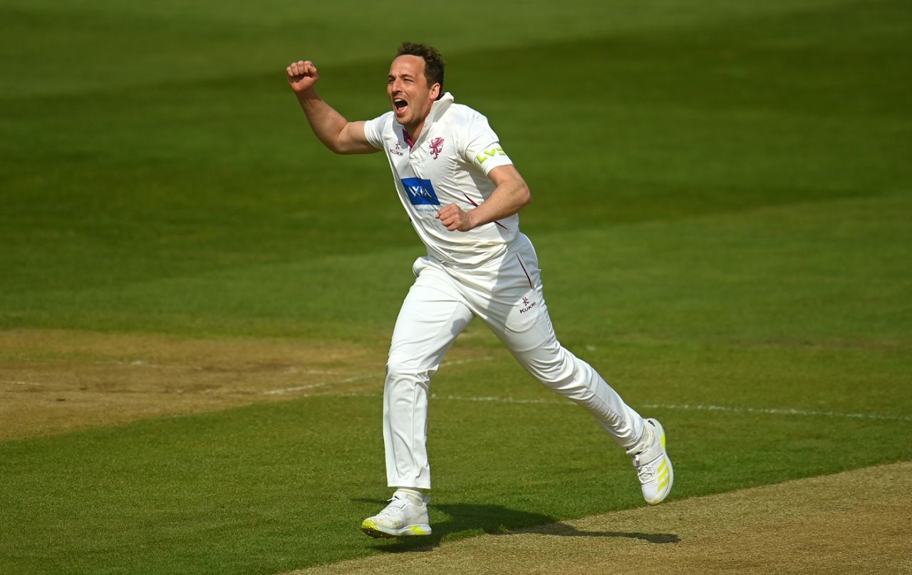Josh Davey celebrated a wicket, Somerset v Warwickshire, Taunton, County Championship, 2nd day, April 7, 2023