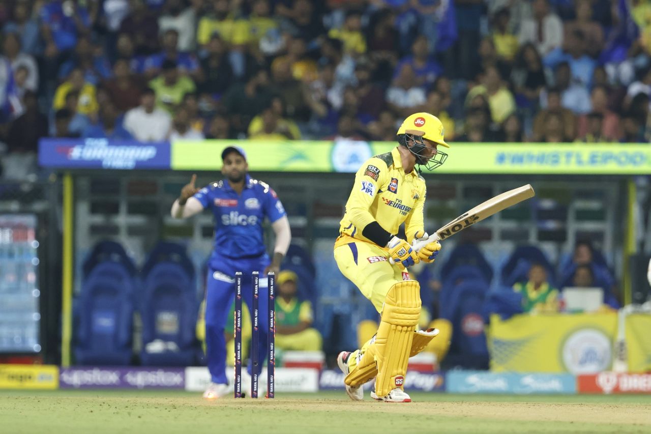 Devon Conway chopped on off Jason Behrendorff for a duck, Mumbai Indians vs Chennai Super Kings, IPL 2023, Mumbai, April 8, 2023