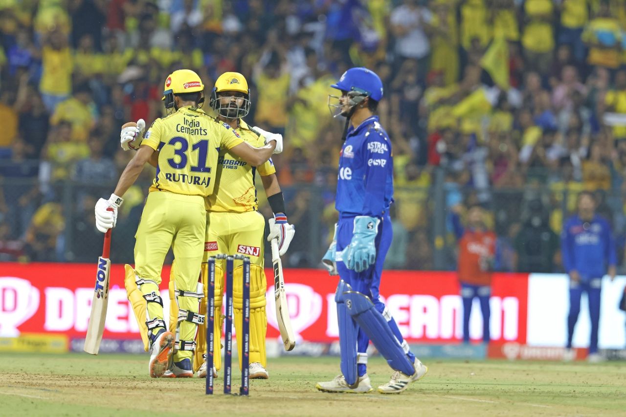 Ajinkya Rahane gets a hug from Ruturaj Gaikwad after reaching his half-century, Mumbai Indians vs Chennai Super Kings, IPL 2023, Mumbai, April 8, 2023