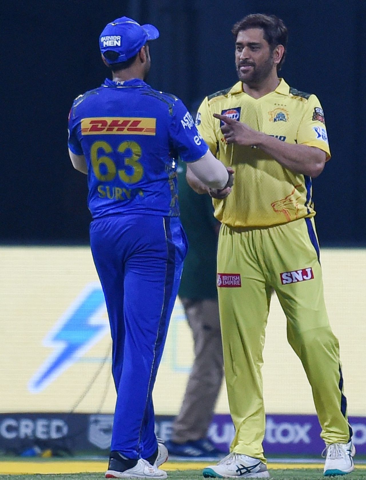 Suryakumar Yadav and MS Dhoni chat after the game, Mumbai Indians vs Chennai Super Kings, IPL 2023, Mumbai, April 8, 2023