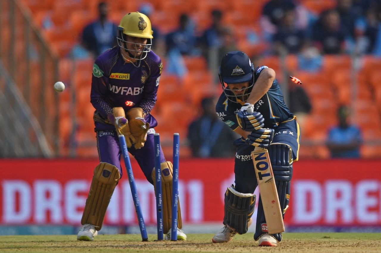 Abhinav Manohar had his stumps rattled by Suyash Sharma, Gujarat Titans vs Kolkata Knight Riders, IPL 2023, Ahmedabad, April 9, 2023