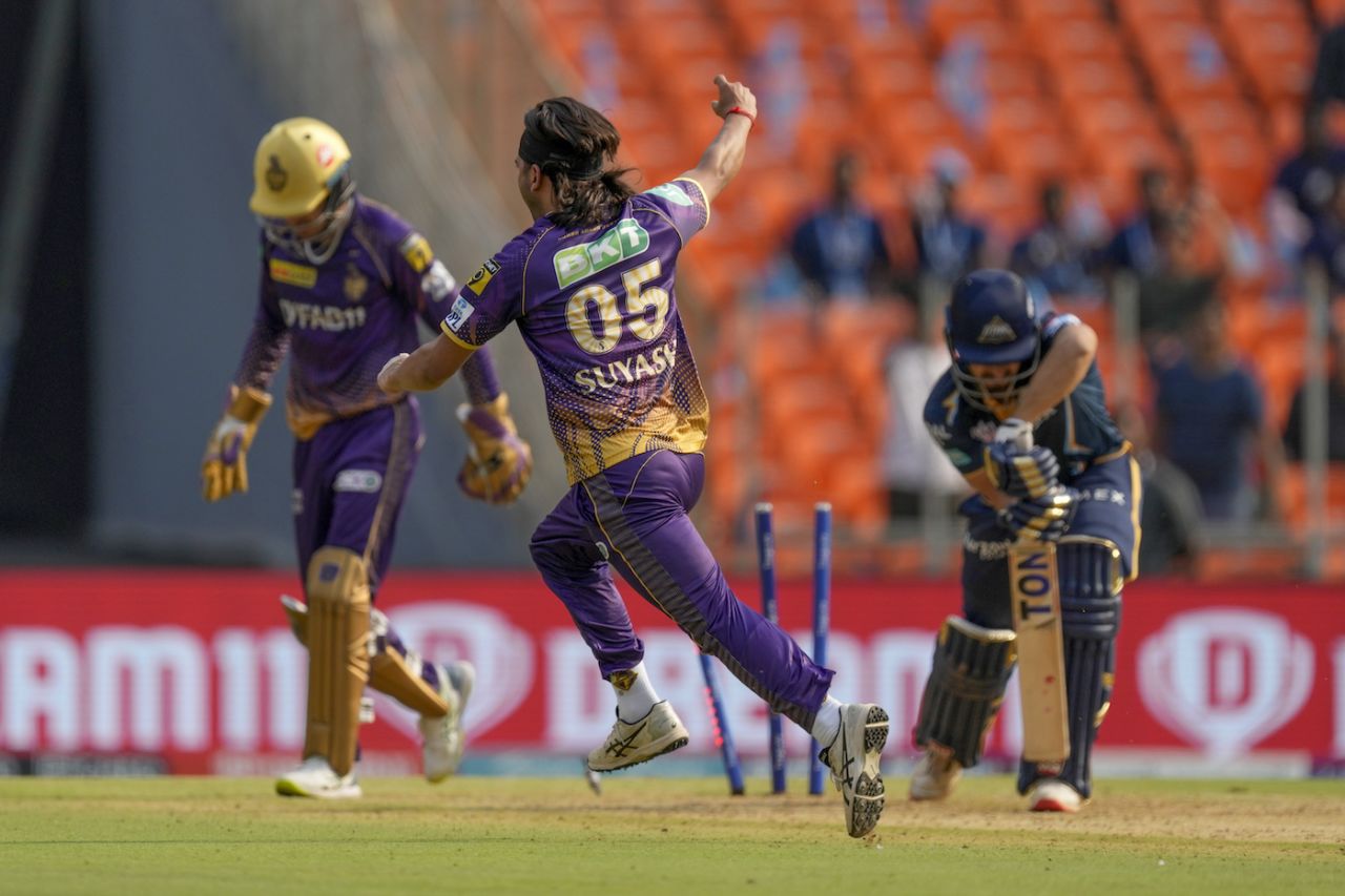 Suyash Sharma takes off in celebration after bowling Abhinav Manohar, Gujarat Titans vs Kolkata Knight Riders, IPL 2023, Ahmedabad, April 9, 2023