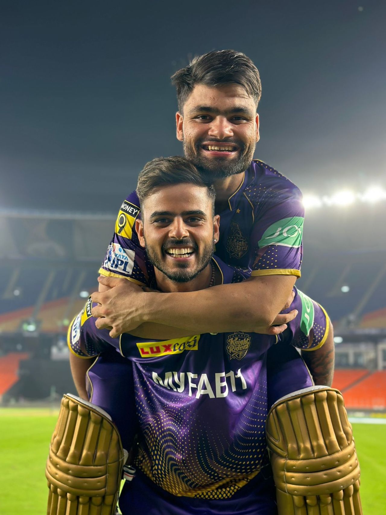 The captain and his champion - Nitish Rana and Rinku Singh celebrate after the win, Gujarat Titans vs Kolkata Knight Riders, IPL 2023, Ahmedabad, April 9, 2023