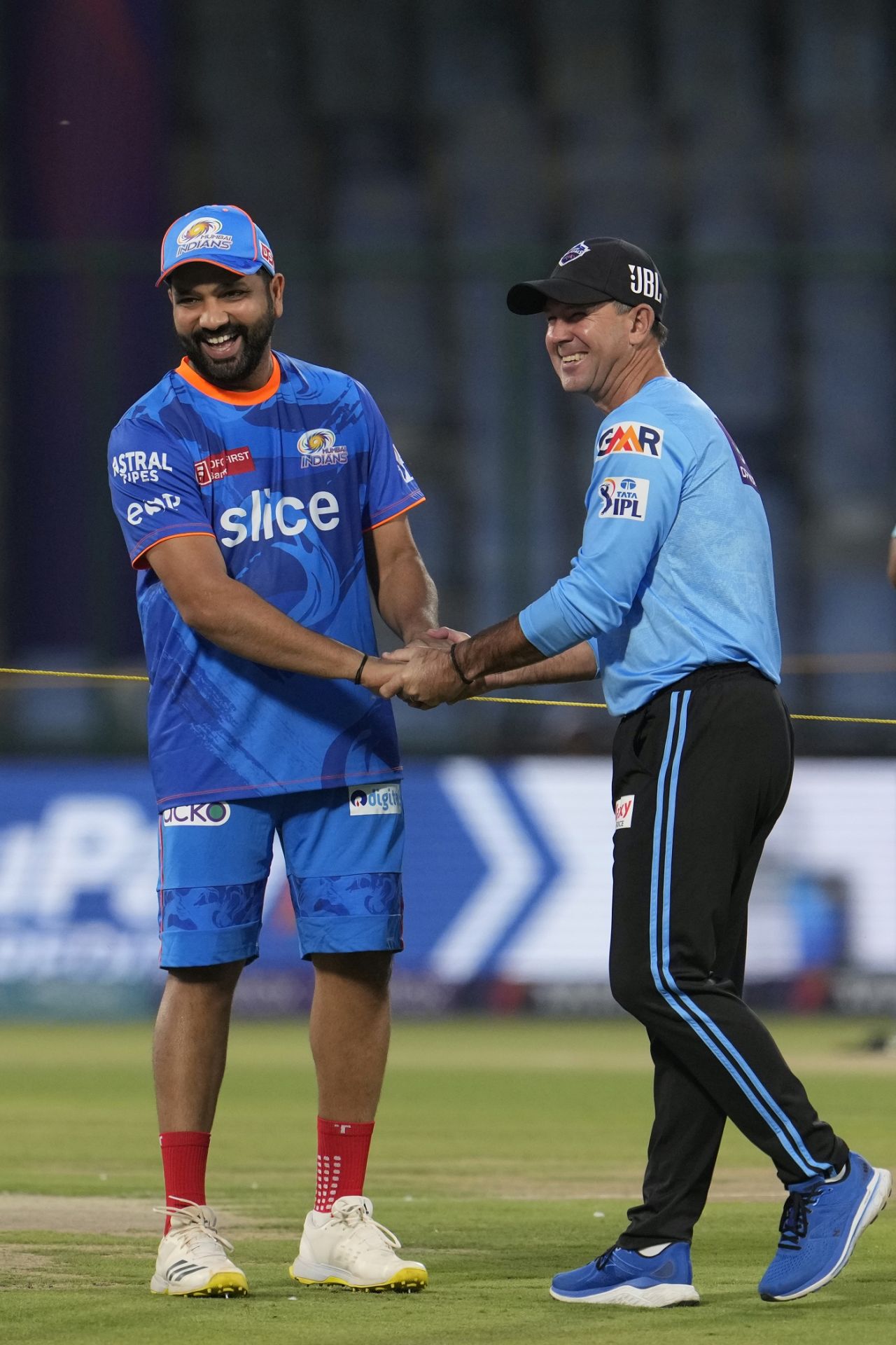 Rohit Sharma and Ricky Ponting share a moment ahead of the game, Delhi Capitals v Mumbai Indians, IPL 2023, Delhi, April 11, 2023