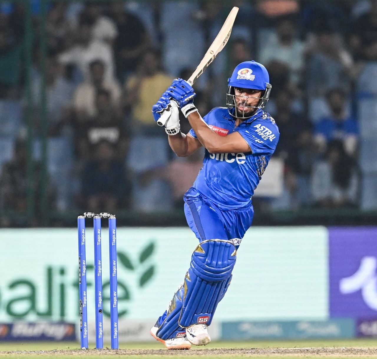 Tilak Varma hits one through the on side, Delhi Capitals vs Mumbai Indians, IPL 2023, Delhi, April 11, 2023