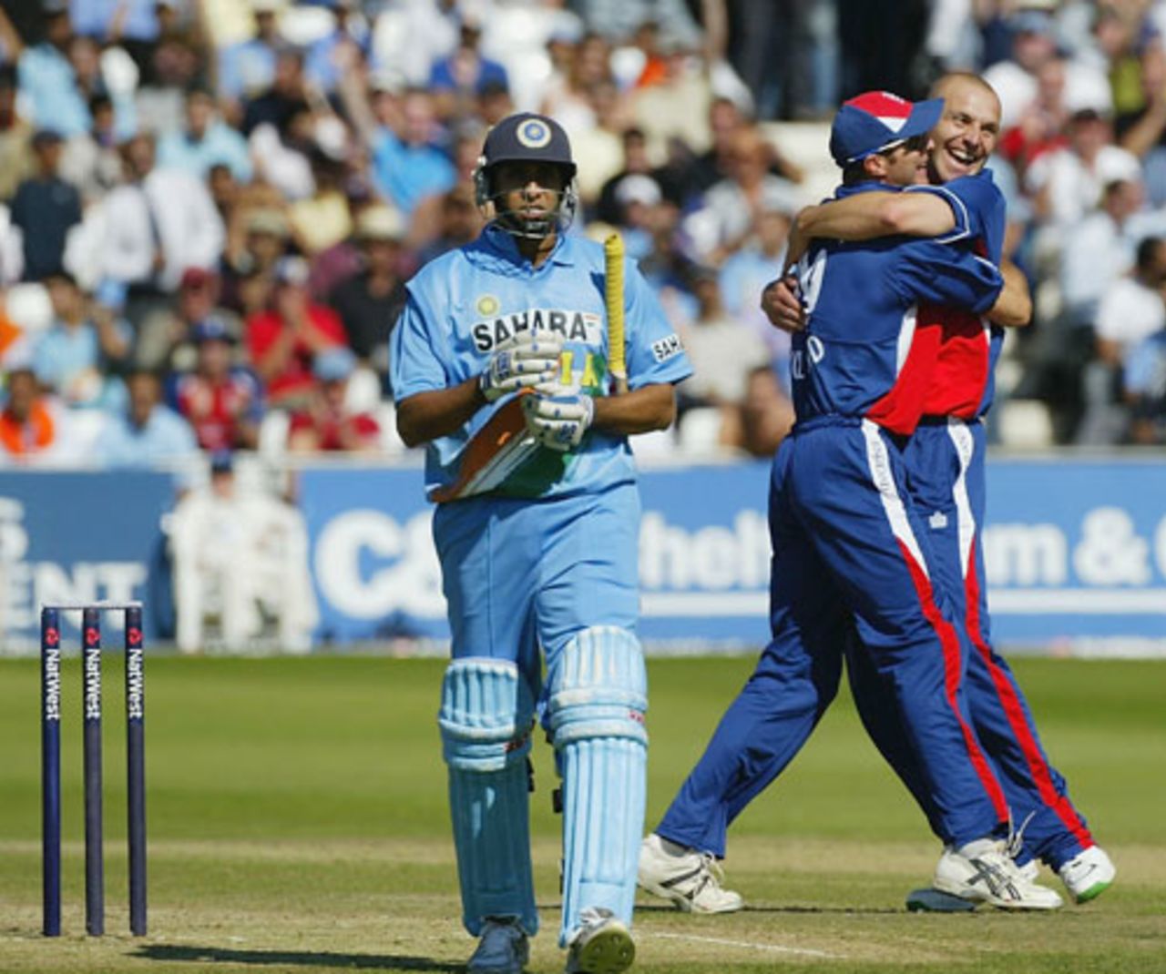 Alex Wharf celebrates as VVS Laxman is dismissed, during the first one-day international at Trent Bridge, England v India, NatWest Challenge, September 1, 2004