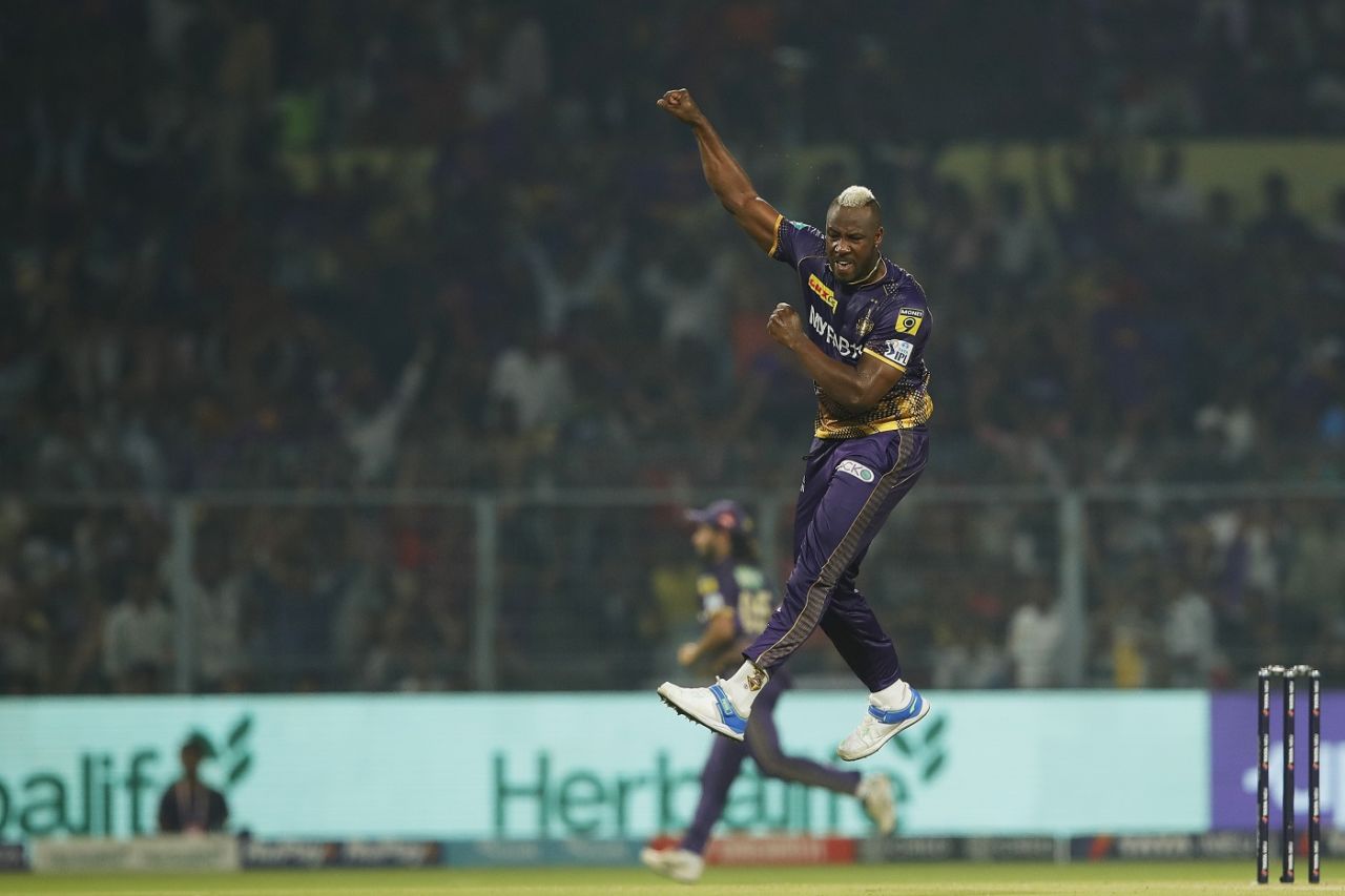 Andre Russell picked up a wicket on his first ball of this season, Kolkata Knight Riders vs Sunrisers Hyderabad, IPL, Kolkata, April 14, 2023