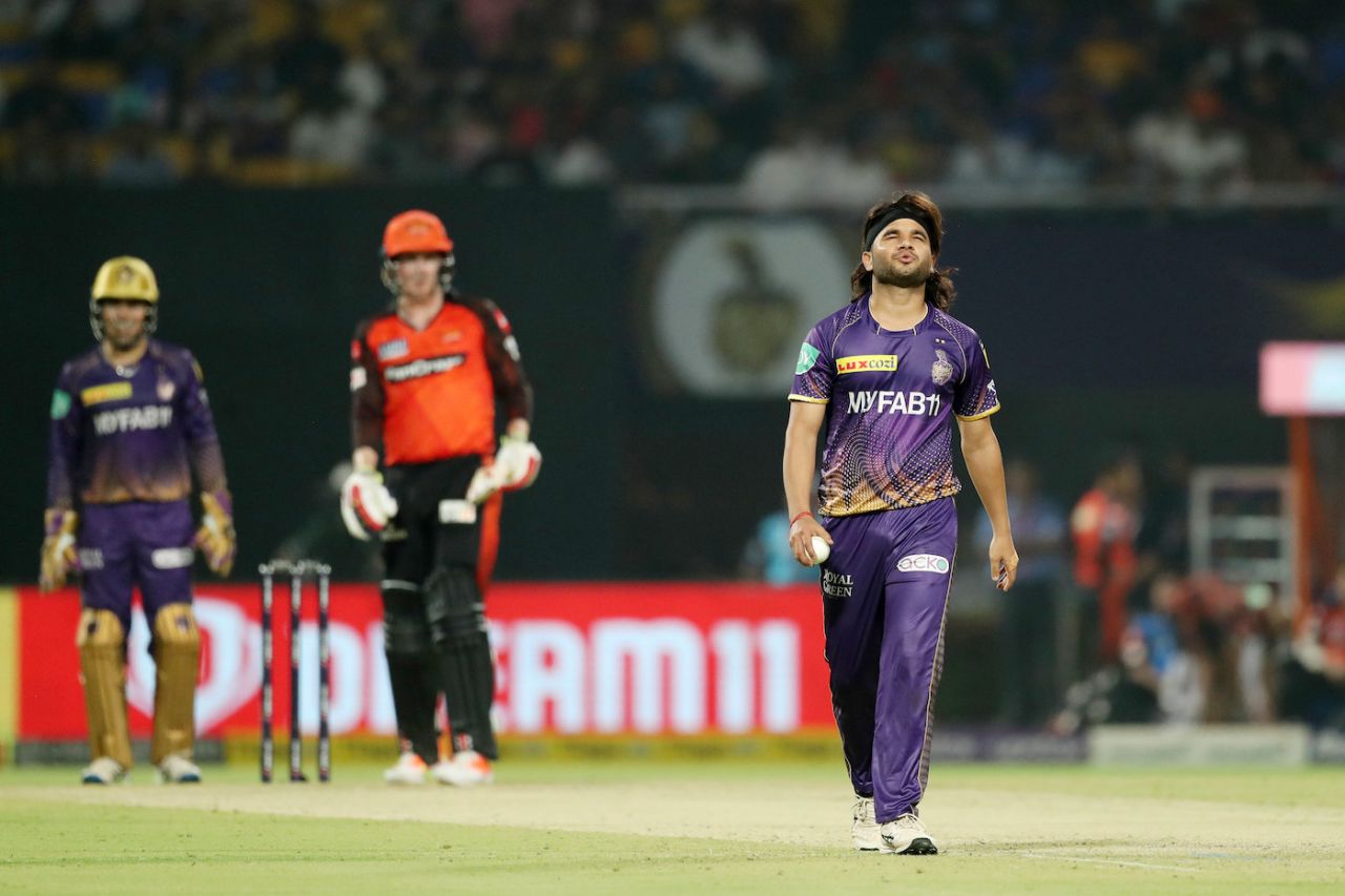 Suyash Sharma reacts after putting down a return catch of Harry Brook, Kolkata Knight Riders vs Sunrisers Hyderabad, IPL, Kolkata, April 14, 2023