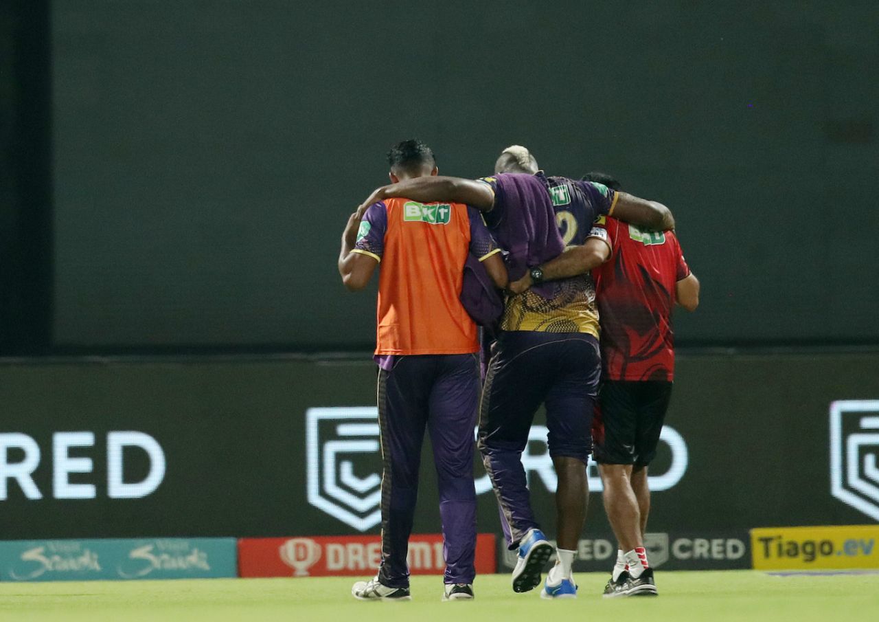 Andre Russell went off the field with an issue in his leg, Kolkata Knight Riders vs Sunrisers Hyderabad, IPL, Kolkata, April 14, 2023
