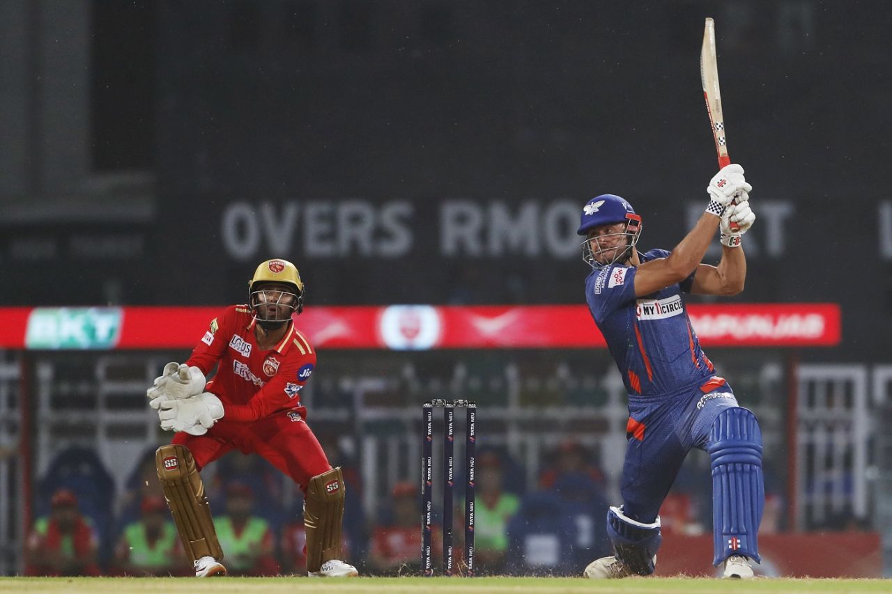Marcus Stoinis hits the spinner over the off side, Lucknow Super Giants vs Punjab Kings, IPL 2023, Lucknow, April 15, 2023