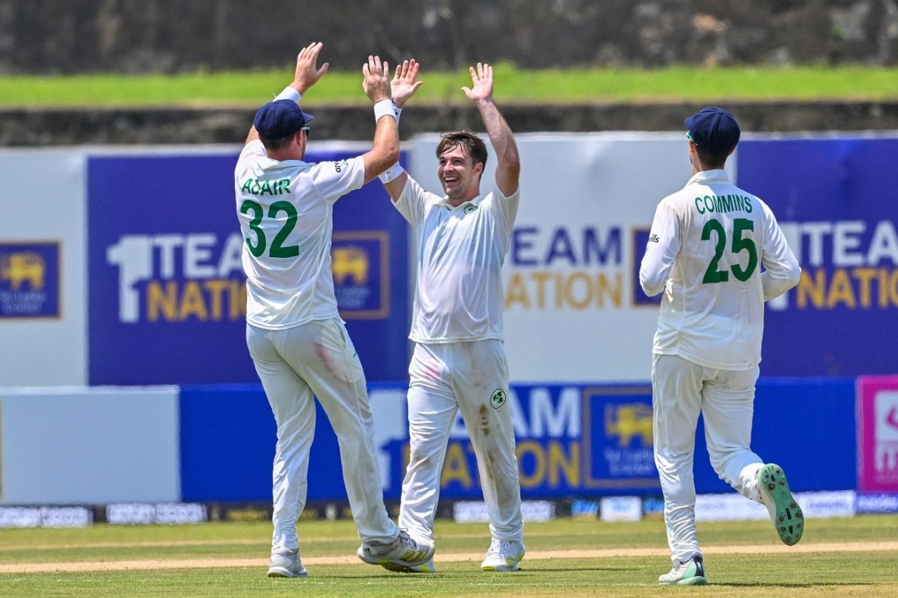 Curtis Campher celebrates after removing Nishan Madushka, Sri Lanka vs Ireland, 1st Test, Galle, 1st day, April 16, 2023