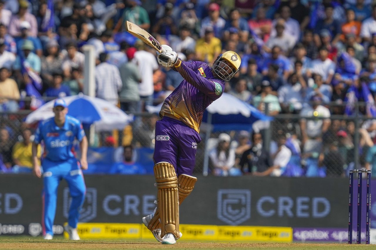 Venkatesh Iyer swings it over long-off for a biggie, Mumbai Indians vs Kolkata Knight Riders, IPL 2023, Mumbai, April 16, 2023