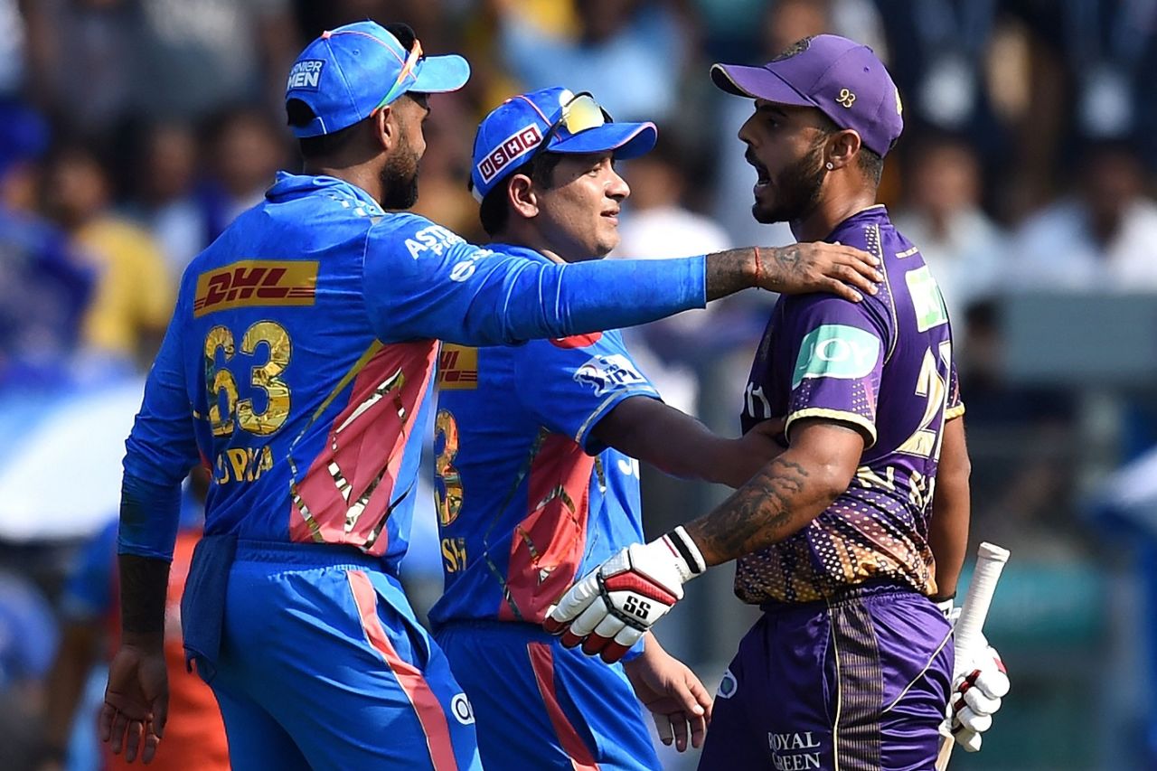 Nitish Rana had to be calmed down by Suryakumar Yadav and Piyush Chawla after he got a send off from Hritihik Shokeen, Mumbai Indians vs Kolkata Knight Riders, IPL 2023, Mumbai, April 16, 2023