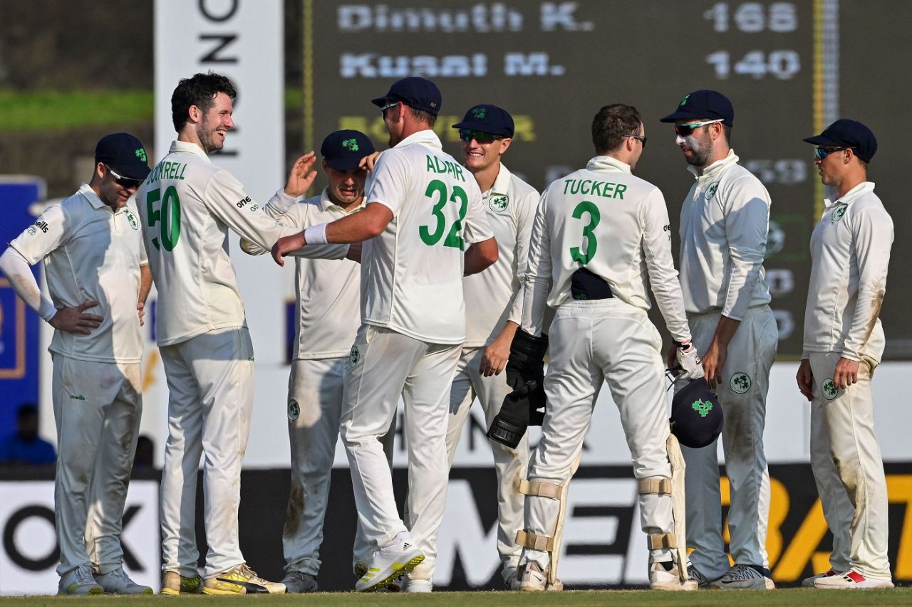 George Dockrell celebrates after trapping Kusal Mendis lbw, Sri Lanka vs Ireland, 1st Test, Galle, 1st day, April 16, 2023