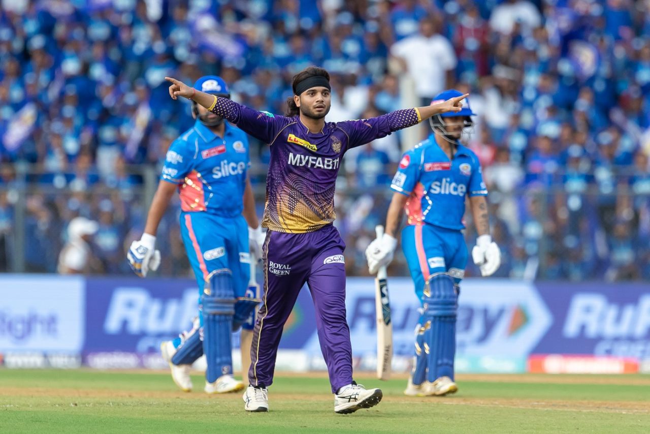 Suyash Sharma celebrates the dismissal of Rohit Sharma, Mumbai Indians vs Kolkata Knight Riders, IPL 2023, Mumbai, April 16, 2023