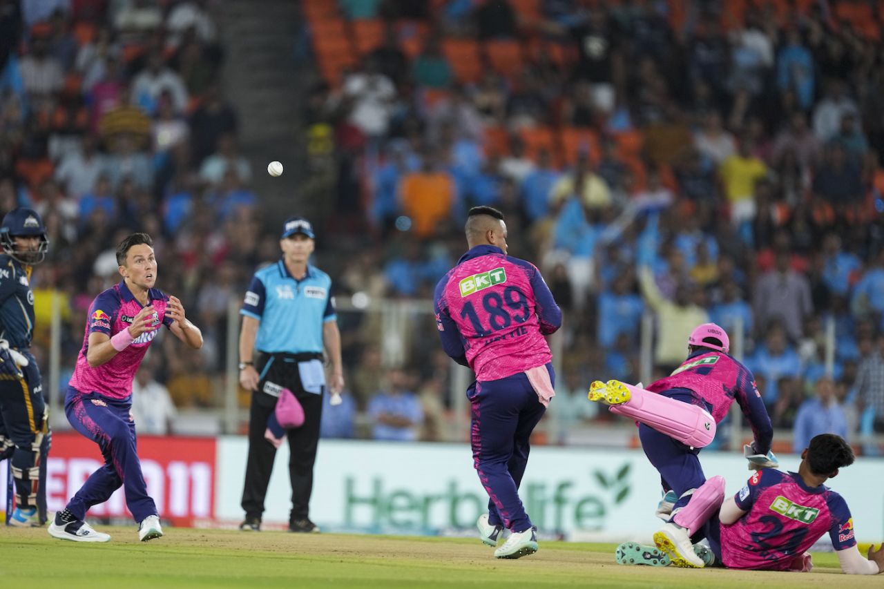 Trent Boult took the catch to dismiss Wriddhiman Saha after Shimron Hetmyer, Sanju Samson and Dhruv Jurel tumbled, Gujarat Titans vs Rajasthan Royals, IPL 2023, Ahmedabad, April 16, 2023