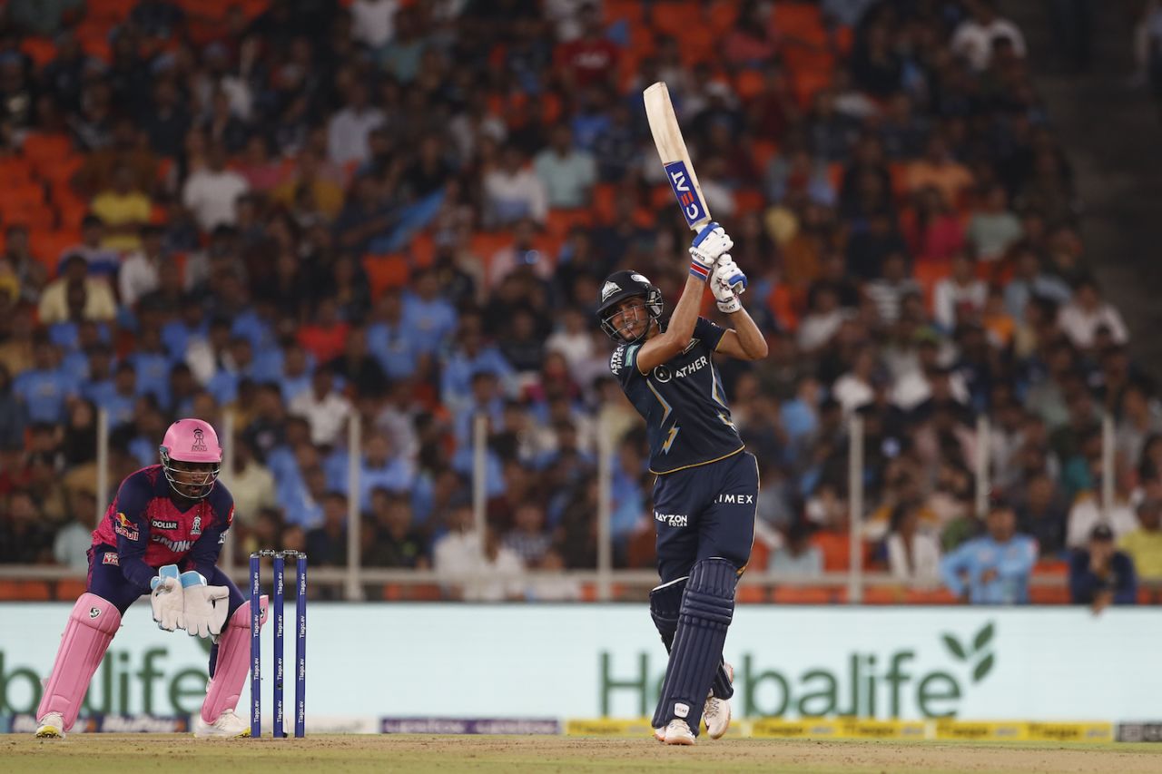 Shubman Gill charges with Sanju Samson keeping up to the stumps, Gujarat Titans vs Rajasthan Royals, IPL 2023, Ahmedabad, April 16, 2023