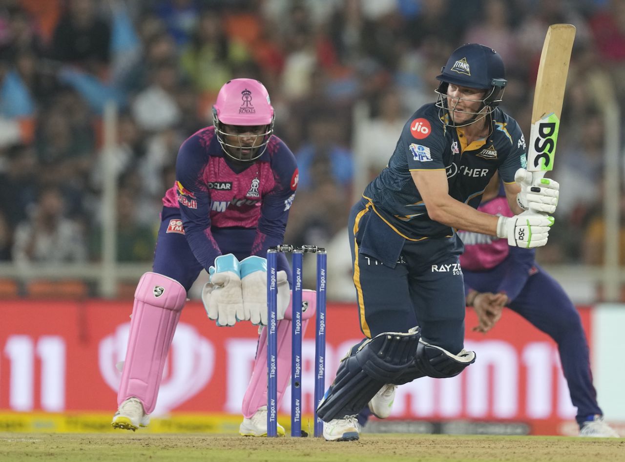 David Miller clips the ball with Sanju Samson behind the stumps, Gujarat Titans vs Rajasthan Royals, IPL 2023, Ahmedabad, April 16, 2023