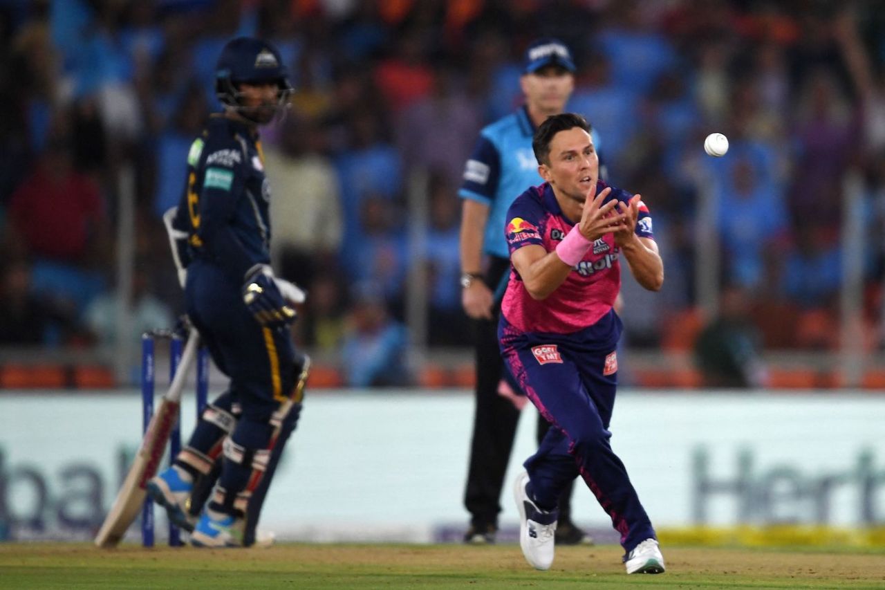 Trent Boult took the catch to send back Wriddhiman Saha, Gujarat Titans vs Rajasthan Royals, IPL 2023, Ahmedabad, April 16, 2023