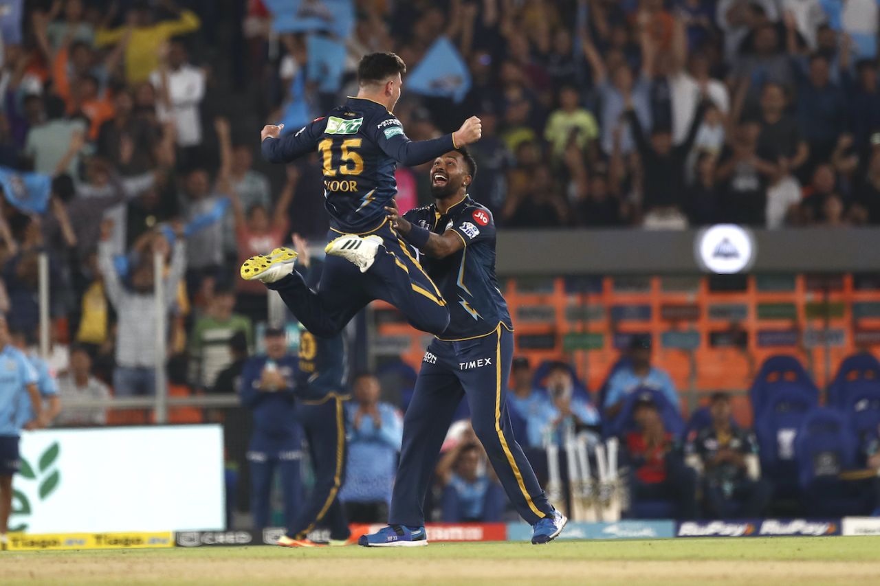 Noor Ahmad leaps into Hardik Pandya after making an impact, Gujarat Titans vs Rajasthan Royals, IPL 2023, Ahmedabad, April 16, 2023