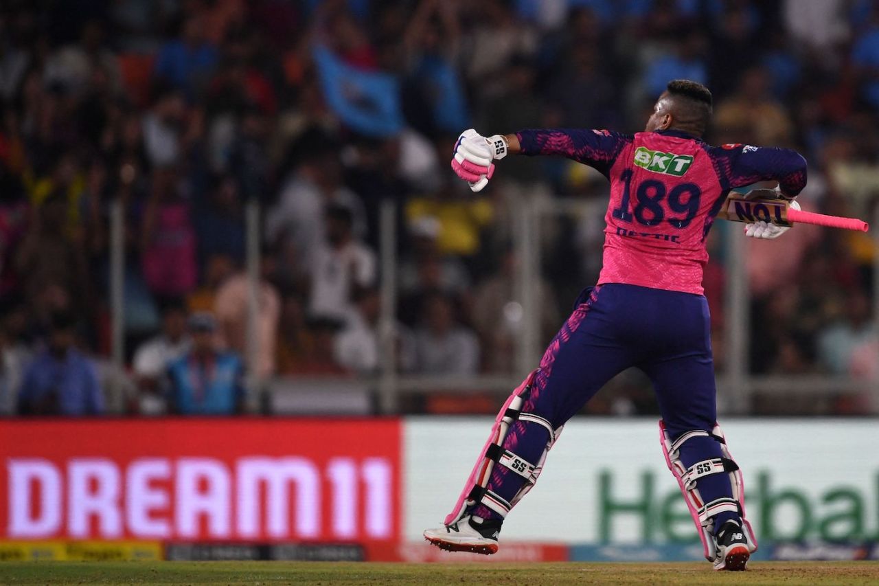 Shimron Hetmyer is ecstatic after taking his team over the line, Gujarat Titans vs Rajasthan Royals, IPL 2023, Ahmedabad, April 16, 2023