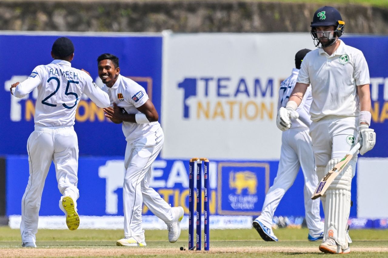 Vishwa Fernando celebrates after dismissing Andy Balbirnie, Sri Lanka vs Ireland, 1st Test, Galle, 2nd day, April 17, 2023