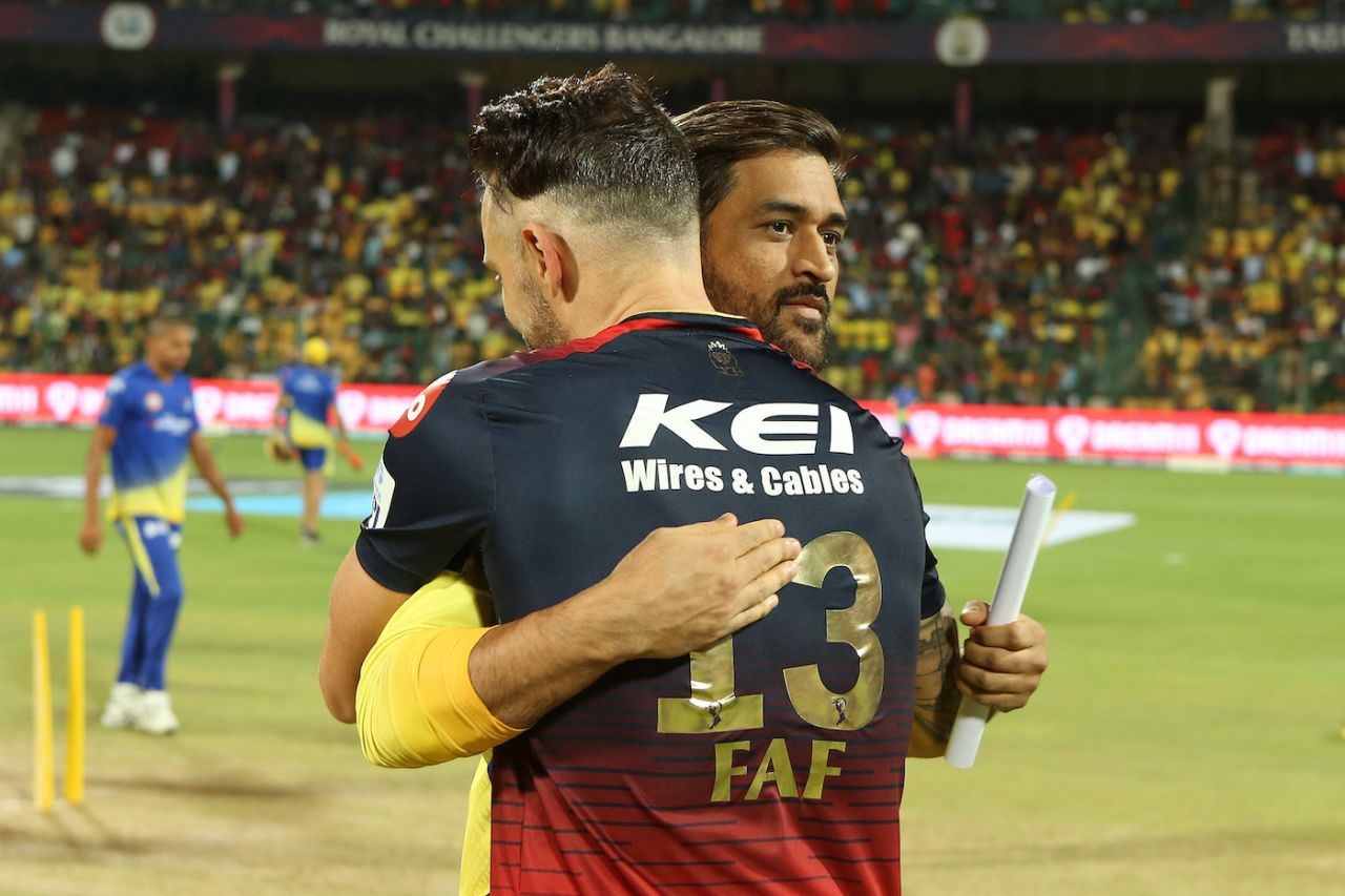Camaraderie before the confrontation - Faf du Plessis and MS Dhoni after the toss, Royal Challengers Bangalore vs Chennai Super Kings, IPL 2023, Bengaluru, April 17, 2023