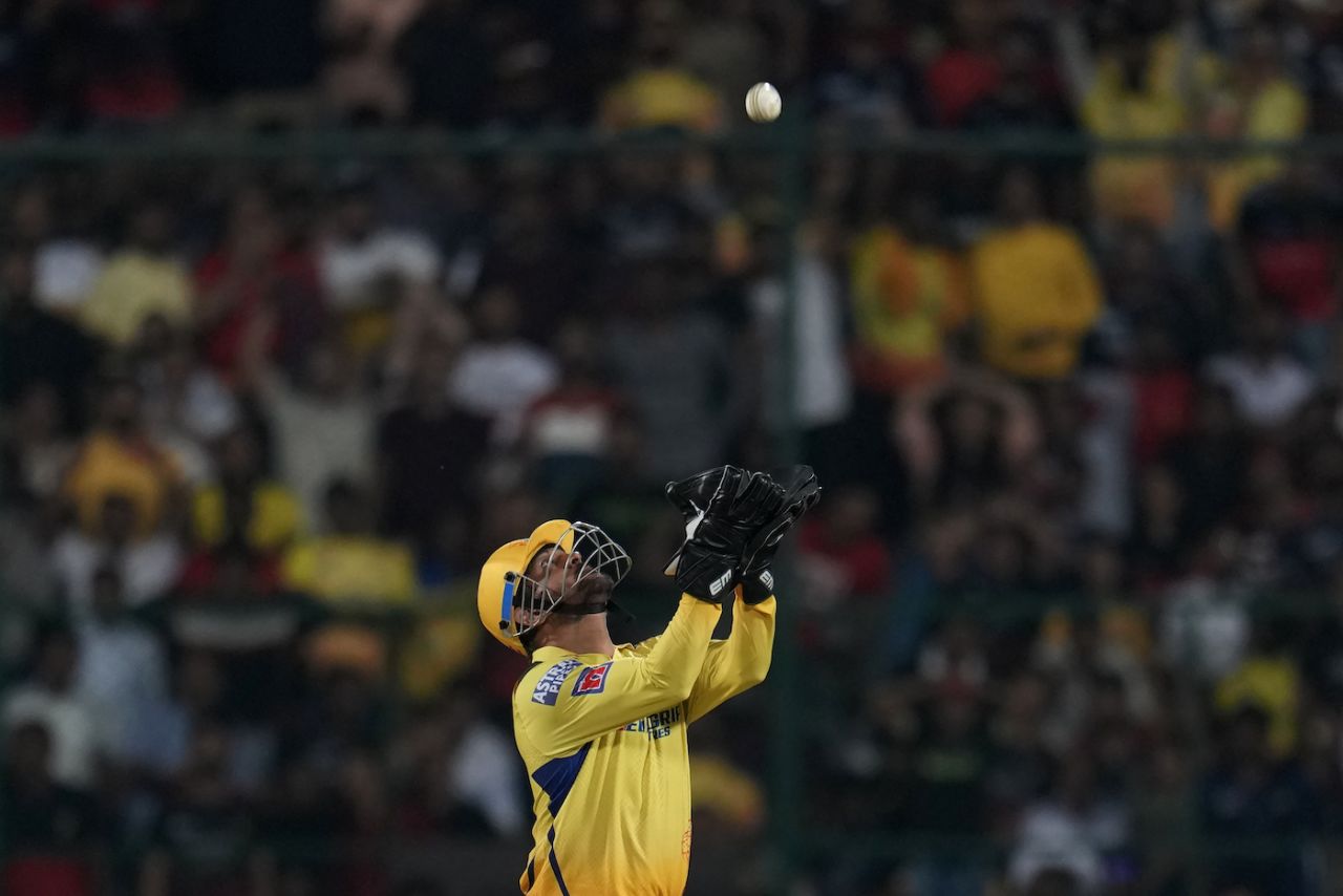 MS Dhoni gets under the ball for the catch that sent back Glenn Maxwell, Royal Challengers Bangalore vs Chennai Super Kings, IPL 2023, Bengaluru, April 17, 2023