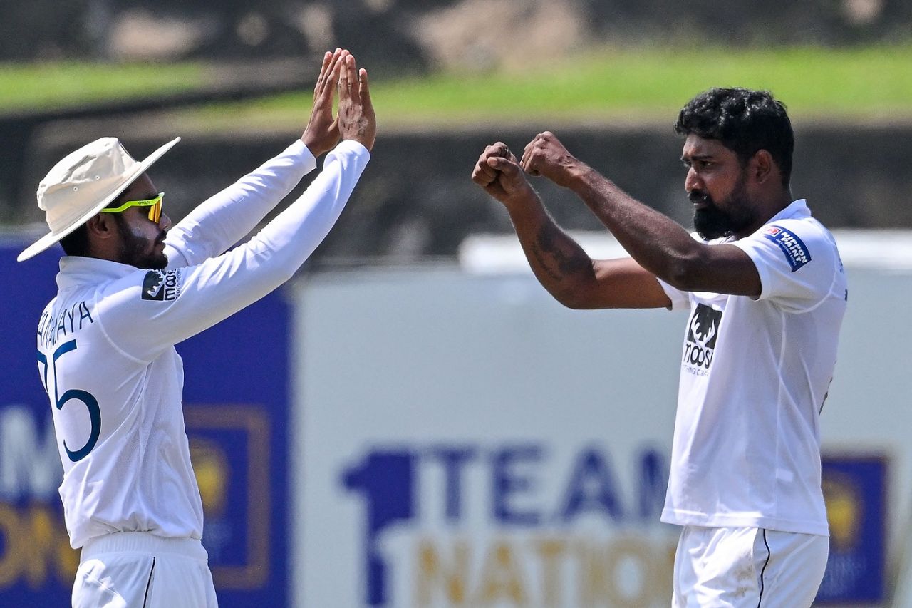 Prabhath Jayasuriya picked seven wickets as Ireland were cleaned up for 143 in their first innings, Sri Lanka vs Ireland, 1st Test, Galle, 3rd day, April 18, 2023