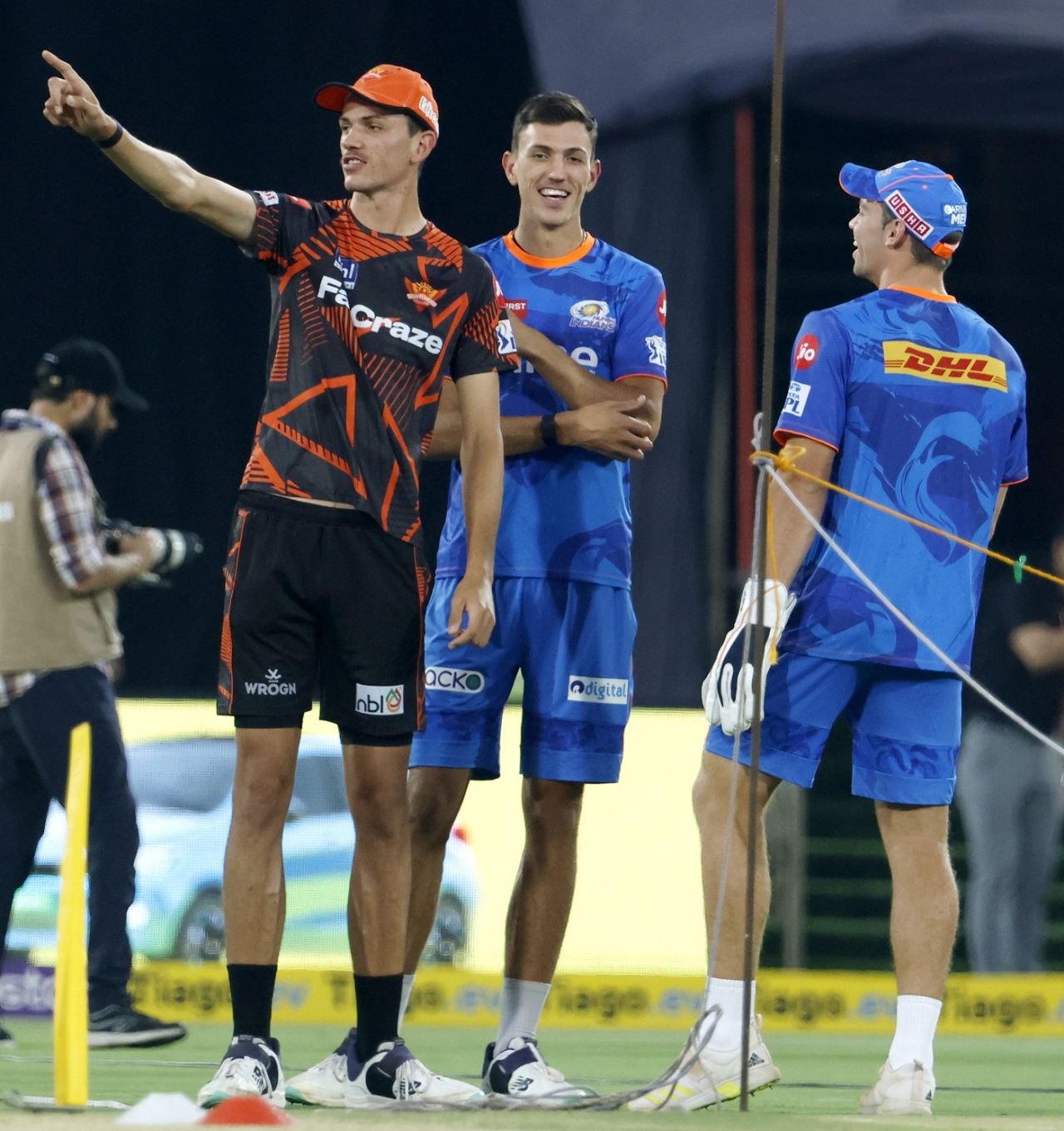 Marco Jansen, Duan Jansen and Tristan Stubbs catch up before the game, Sunrisers Hyderabad vs Mumbai Indians, IPL 2023, Hyderabad, April 18, 2023