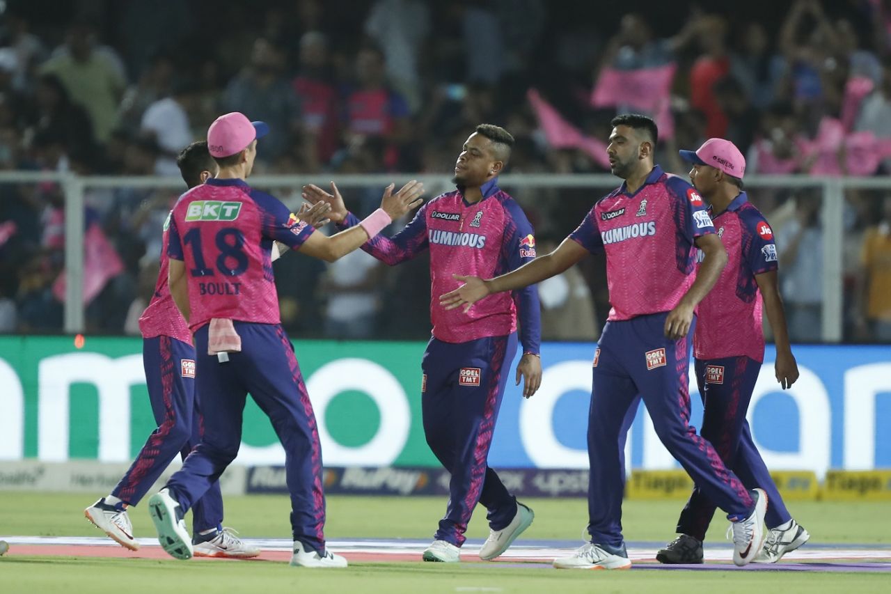 R Ashwin celebrates with team-mates after sending Deepak Hooda packing, Rajasthan Royals vs Lucknow Super Giants, IPL 2023, Jaipur, April 19, 2023