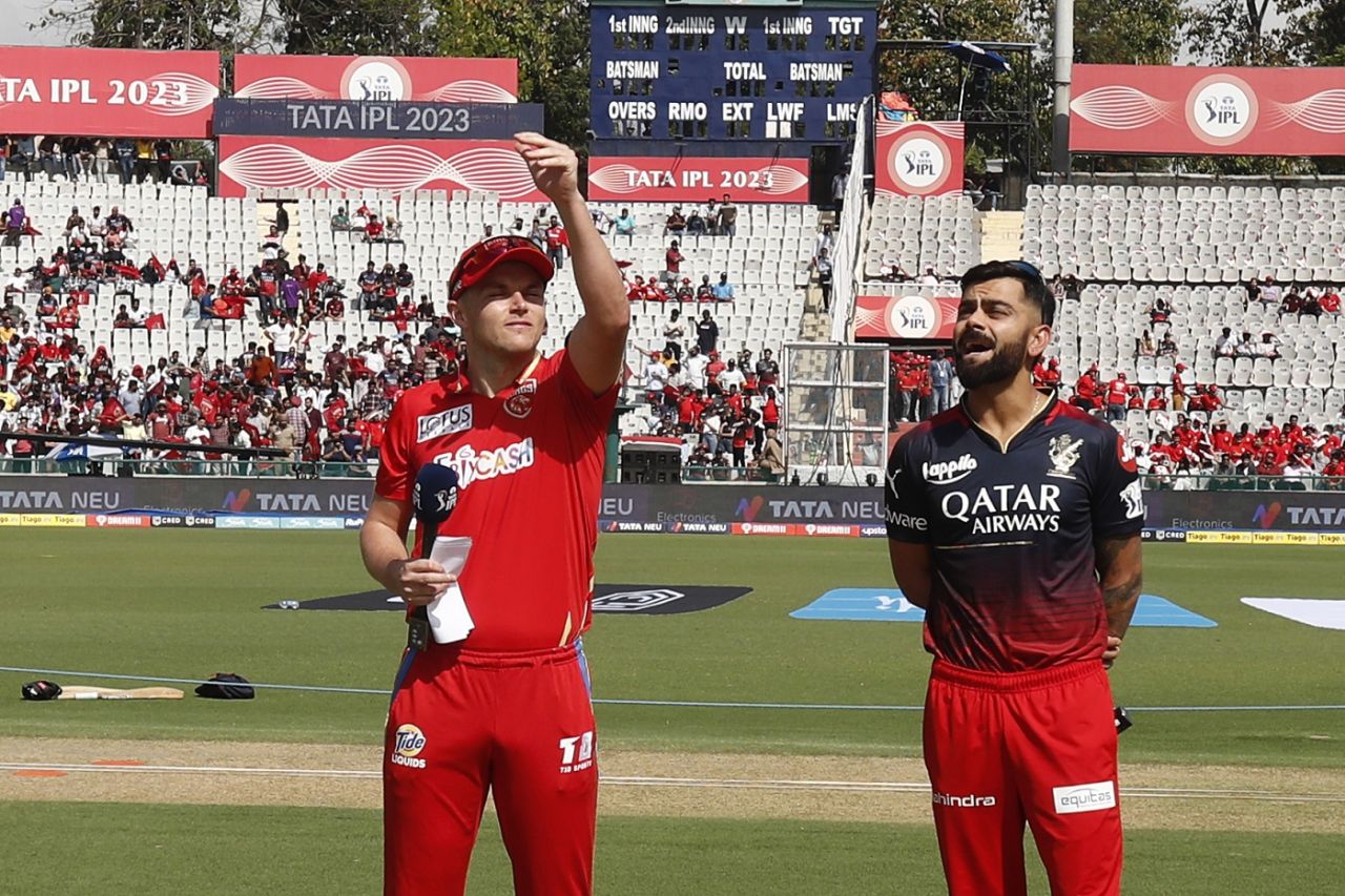 Virat Kohli came out for the toss with Sam Curran, Punjab Kings vs Royal Challengers Bangalore, IPL 2023, Mohali, April 20, 2023