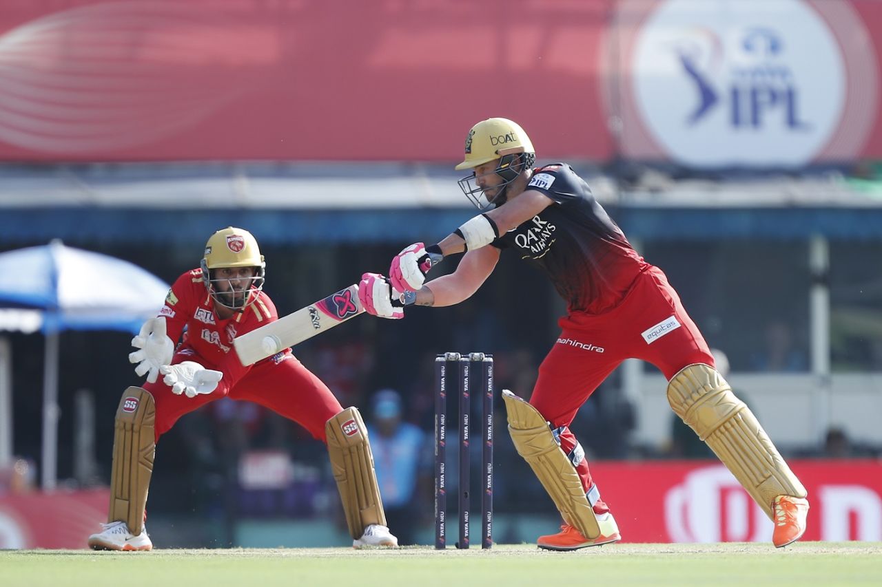 Faf du Plessis reaches out to slap a wide delivery for four, Punjab Kings vs Royal Challengers Bangalore, IPL 2023, Mohali, April 20, 2023