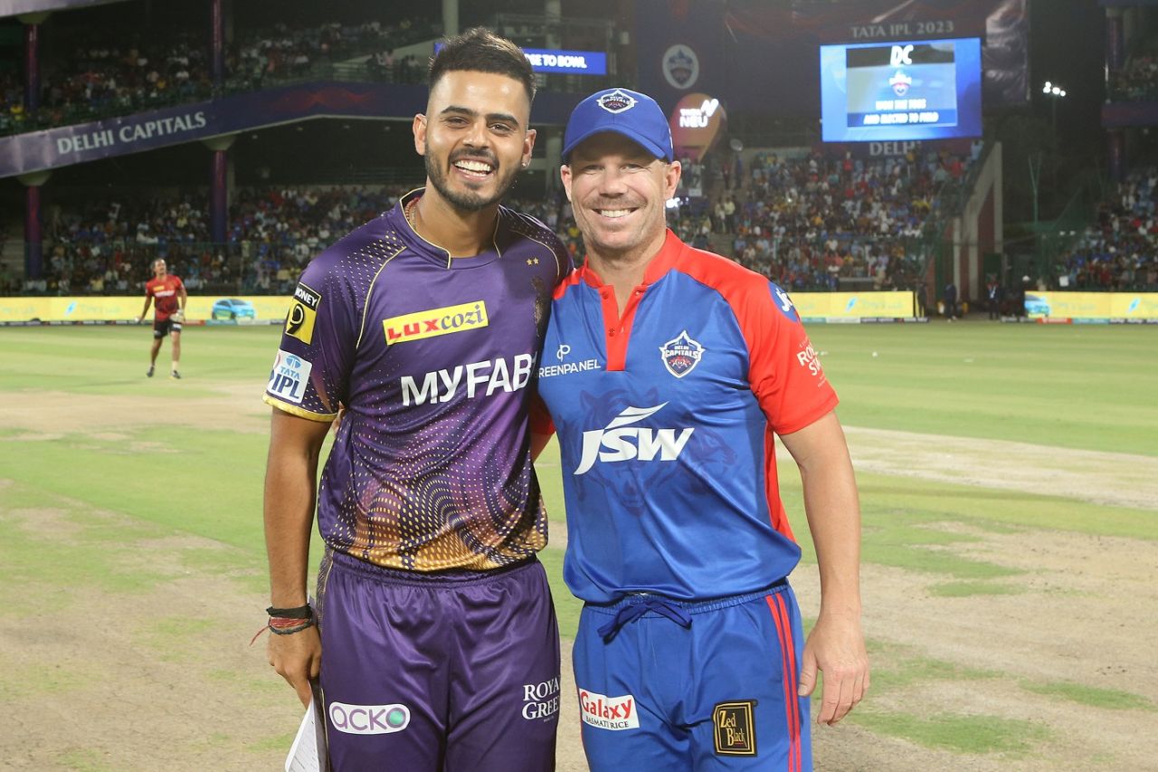 Nitish Rana and David Warner were all smiles at the toss, Delhi Capitals vs Kolkata Knight Riders, IPL 2023, Delhi, April 20, 2023